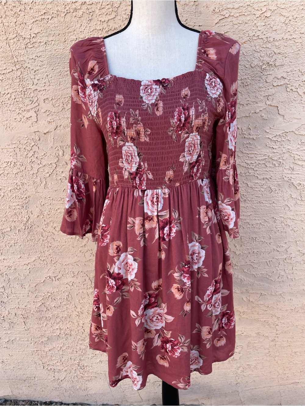 Xhilaration babydoll dress smocked cottagecore festival romantic floral rose m
